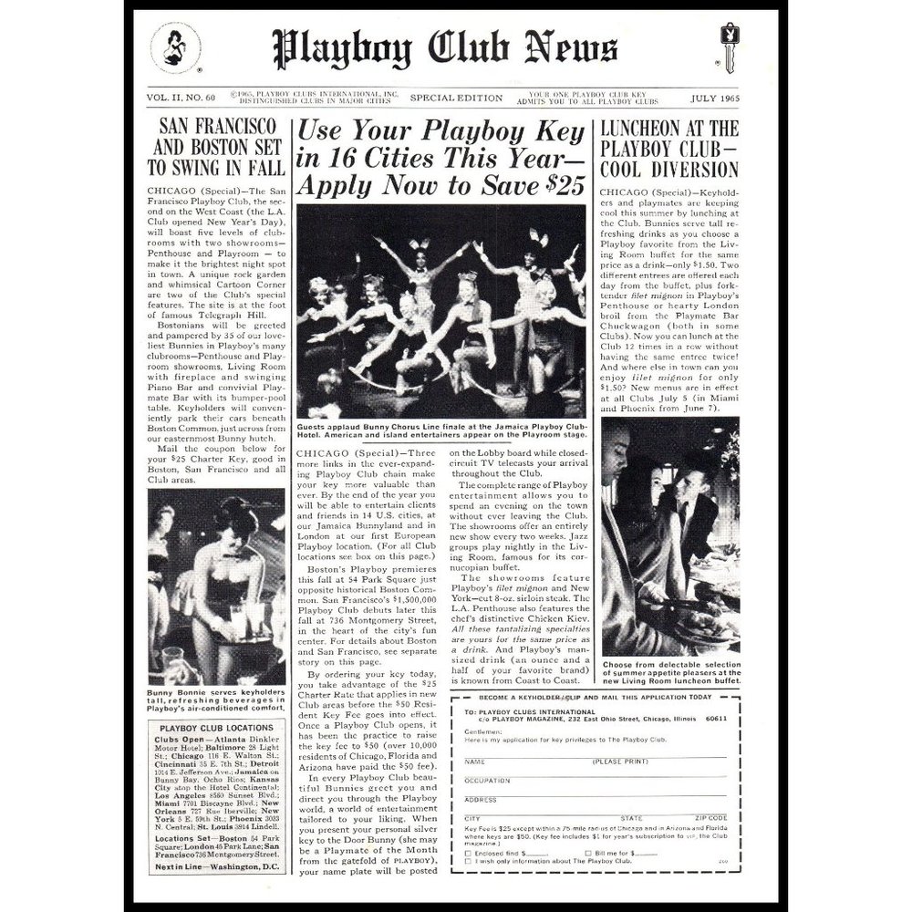 1965 July Playboy Club News Vintage Print Ad Newspaper Headline Style Wall Art
